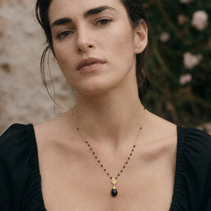 ATHENA 'Kate' ジェムストーンロザリオチェーンネックレス：ブラックオニキス