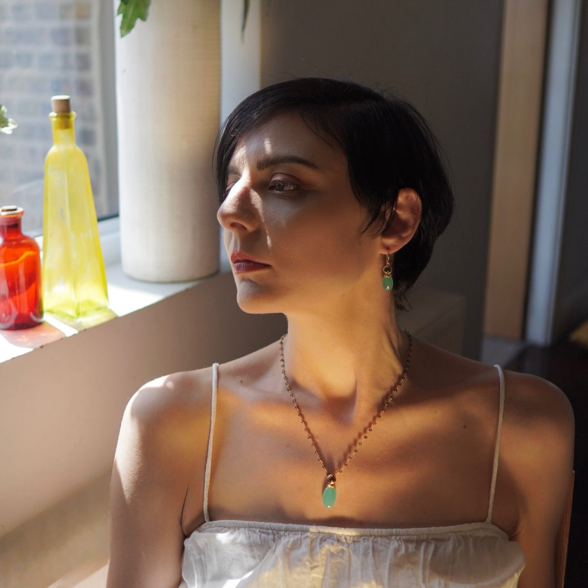 Persephone ダブルジェムストーンビーズネックレス : アクアカルセドニー&スモーキークオーツ