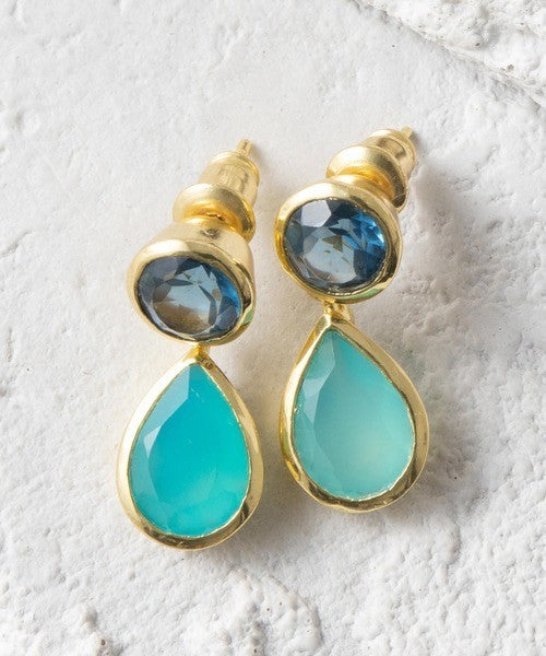 Iris ダブルジェムストーンスタッドピアス：アクアカルセドニー＆アイオライト