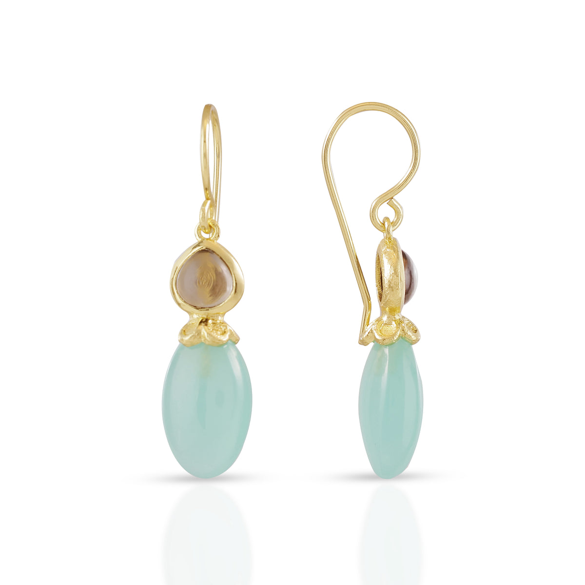 Persephone ダブルジェムストーンドロップピアス : アクアカルセドニー&スモーキークオーツ