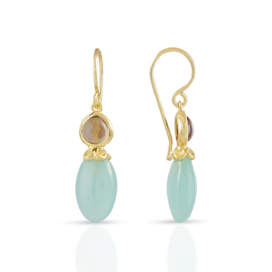 Persephone ダブルジェムストーンドロップピアス : アクアカルセドニー&スモーキークオーツ
